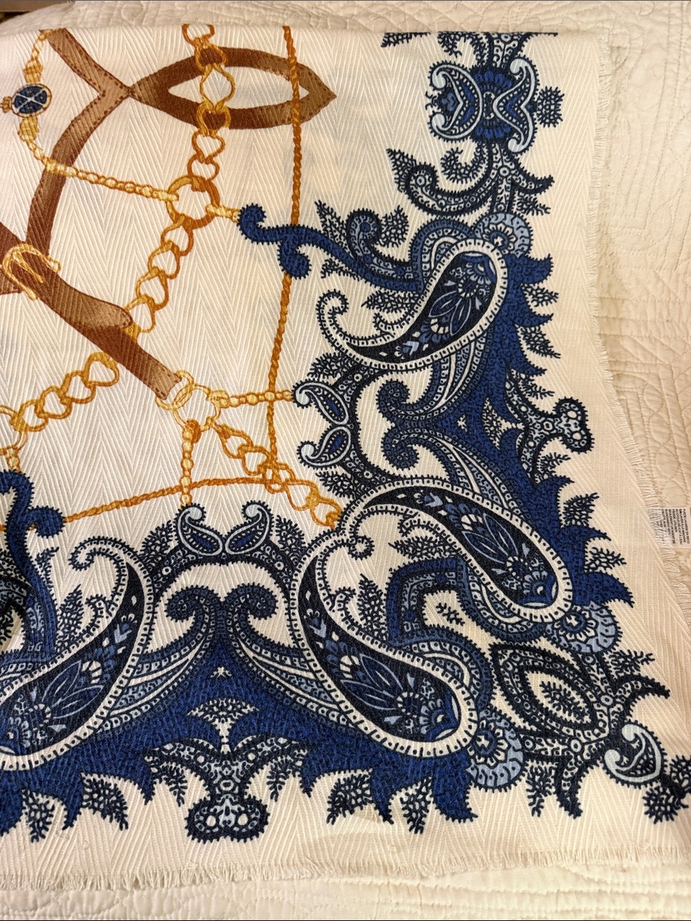 Chico's Cream Scarf with Blue Paisley and Gold Chain Motif